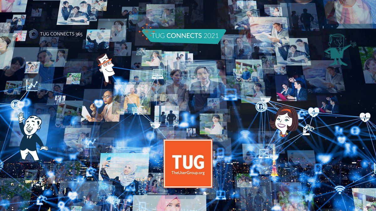 A collage of pictures connected by lines of light with an orange tug logo in the middle.