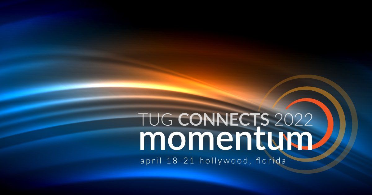 The logo for tug connects 2022 momentum is superimposed over a blue and orange light path through a black background