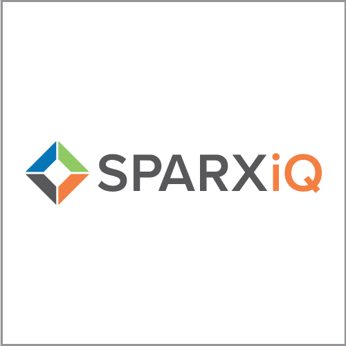 SparxIQ logo: diamond with blue, green, grey, and orange sections; company name in dark grey.