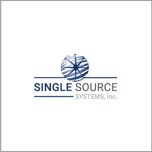 Logo for Single Source Systems, Inc.: globe with compass design, blue and gray, over text