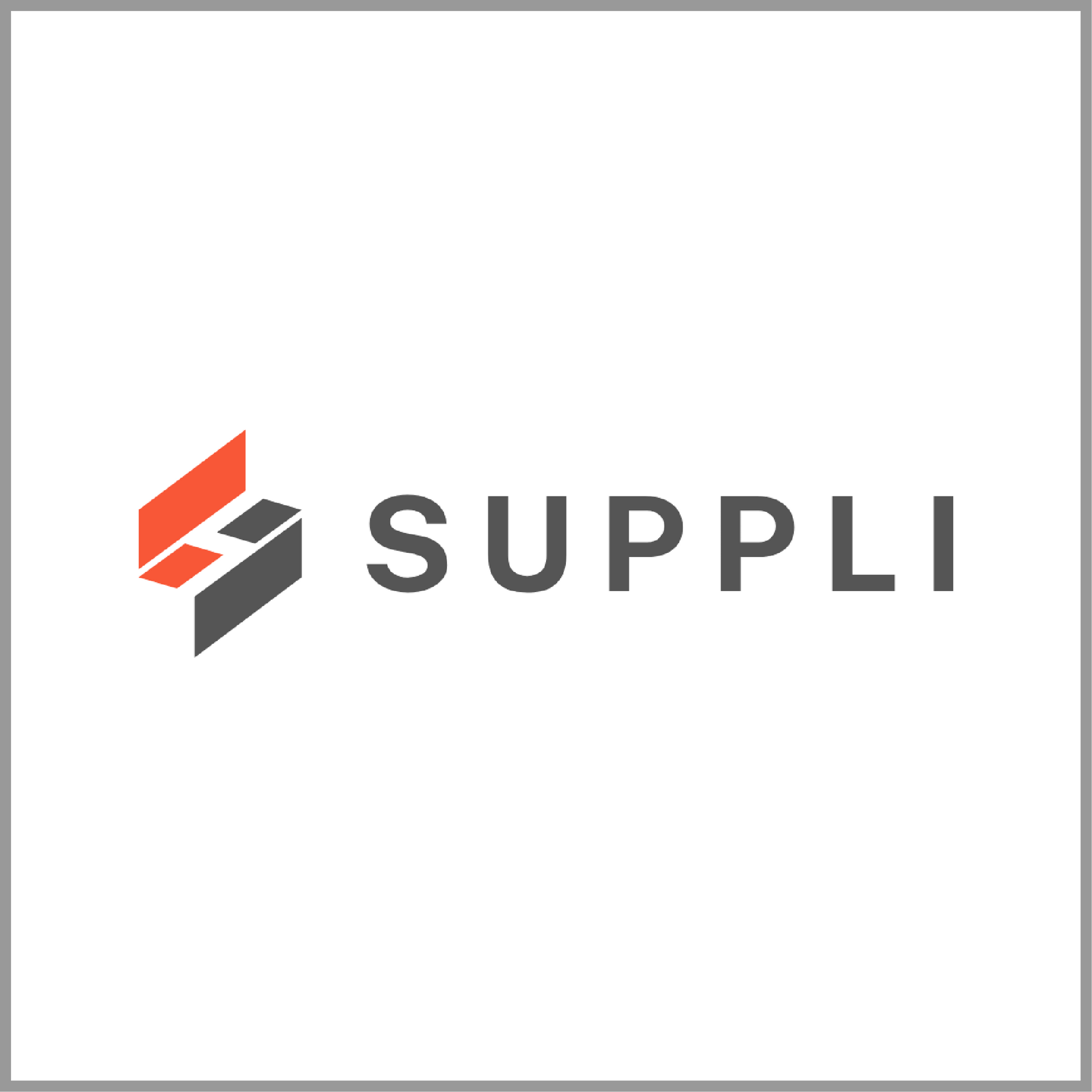 Logo with abstract block design in red and gray, and the word