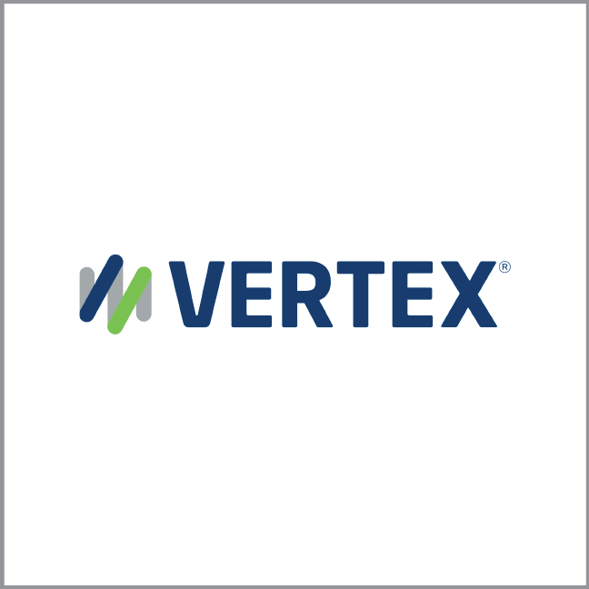 Vertex logo: Blue and green angled lines next to the word