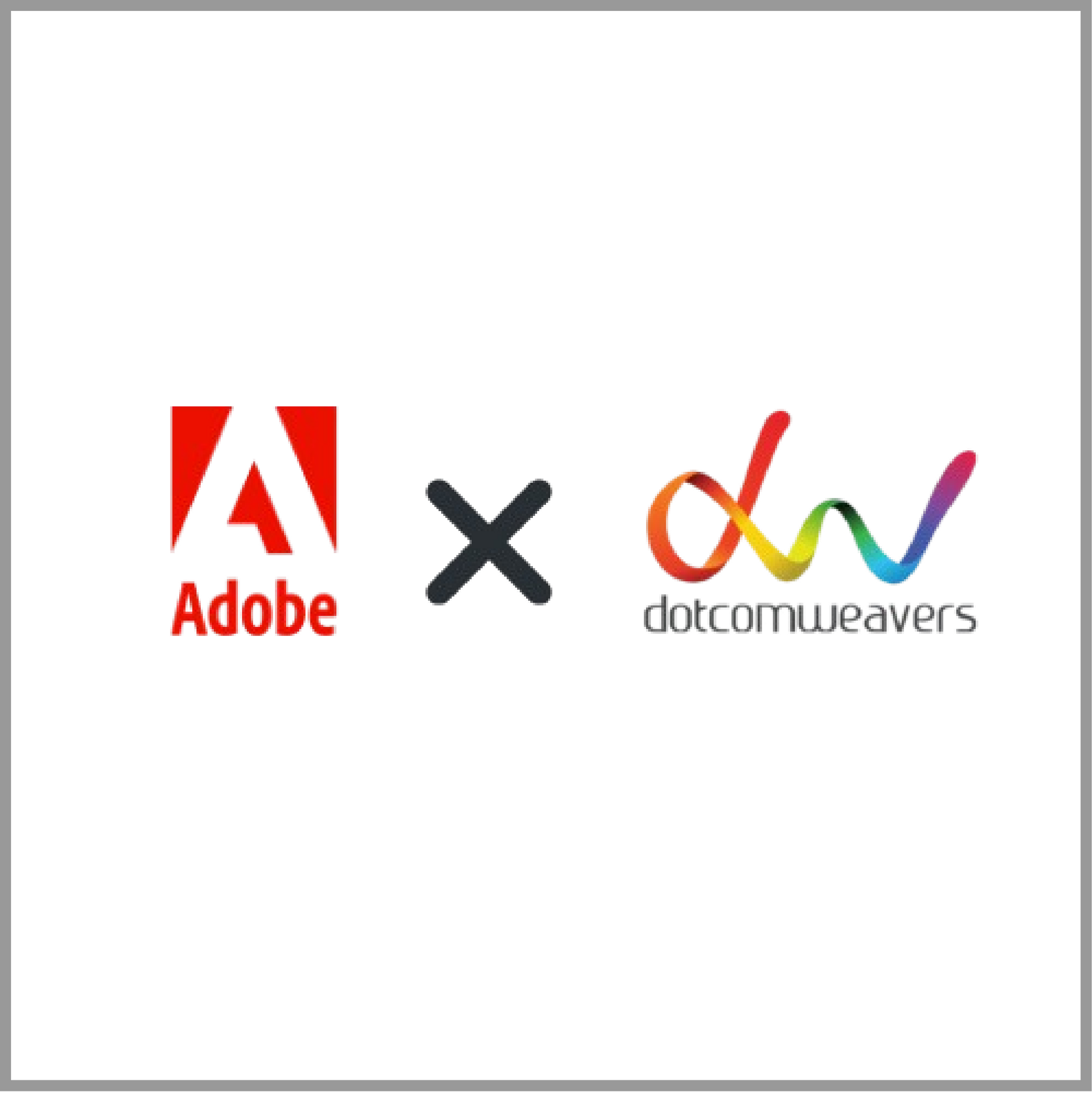 Adobe logo and Dotcomweavers logo side by side, joined by an