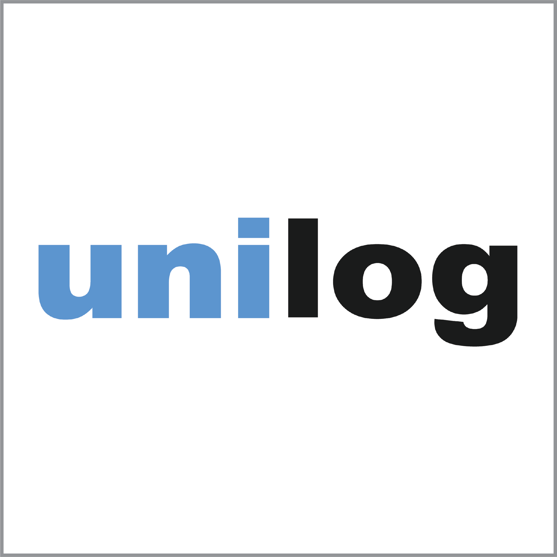 A blue and black logo for unilog on a white background
