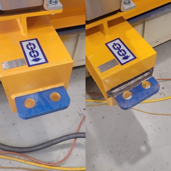 Two pictures of a yellow object with a blue sticker that says esc