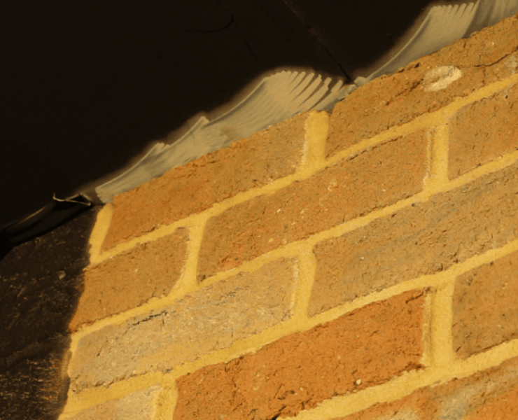 A close up of a brick wall with a shadow on it