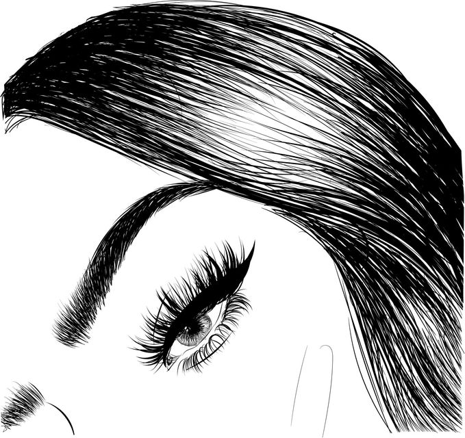 A black and white drawing of a woman 's face with long eyelashes.