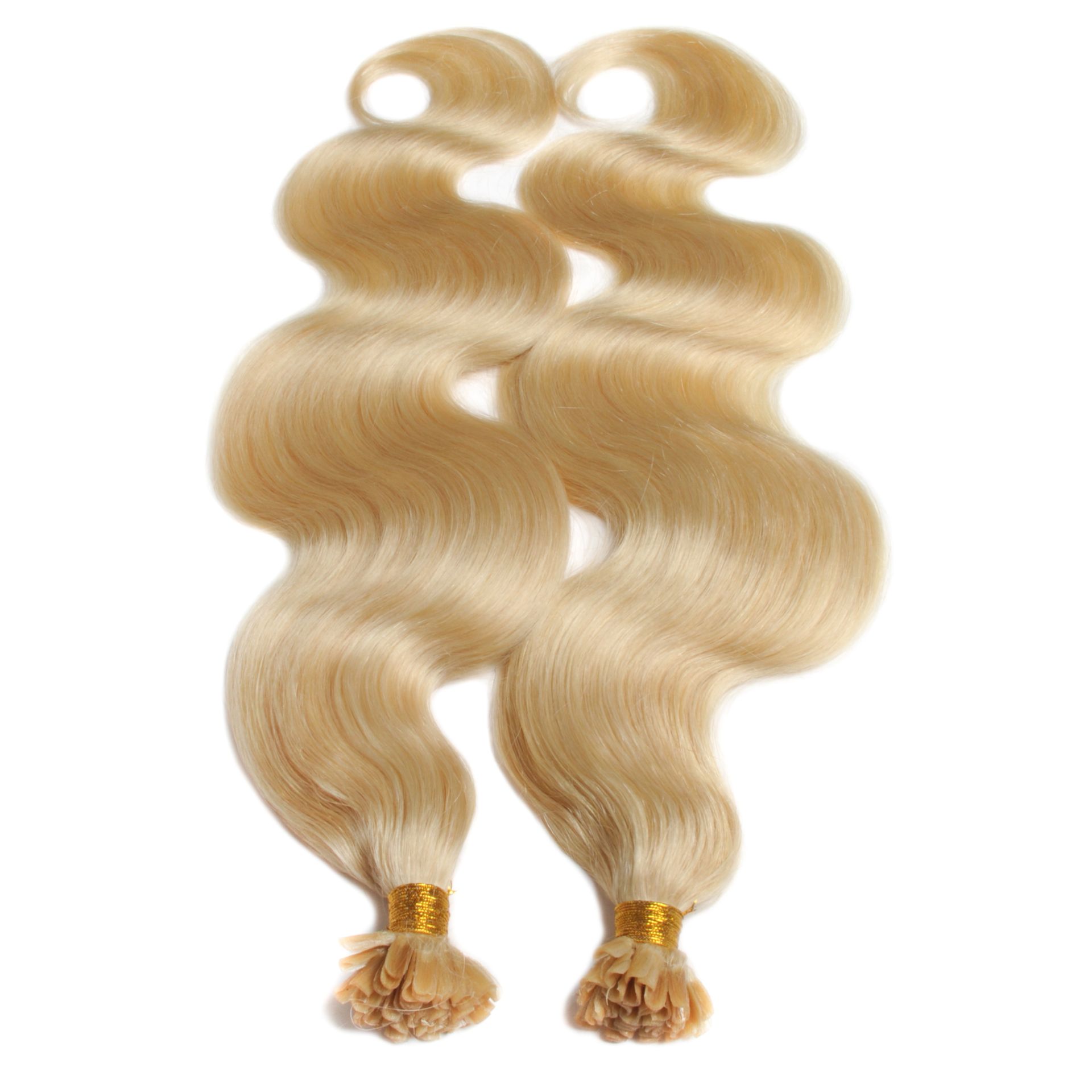 A pair of blonde wavy hair extensions on a white background.