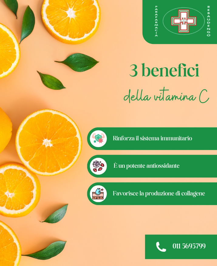 Infografica che illustra 3 benefici della vitamina C: supporto al sistema immunitario, azione antiossidante e produzione di collagene, con l'ausilio di fette d'arancia.