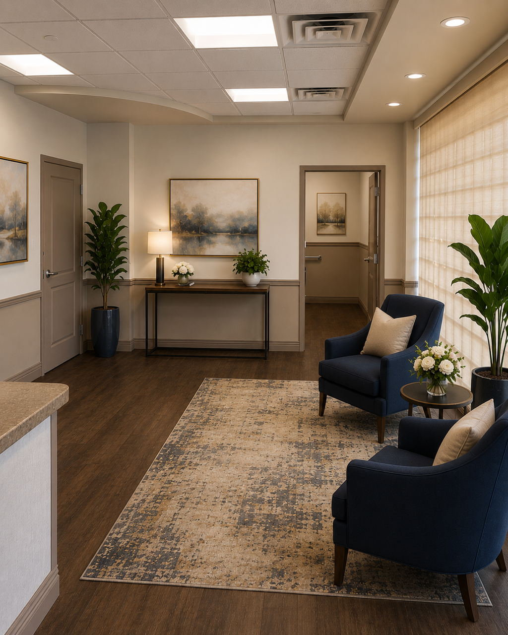 Modern waiting room with navy chairs, patterned rug, plants, and framed art in a beige interior.