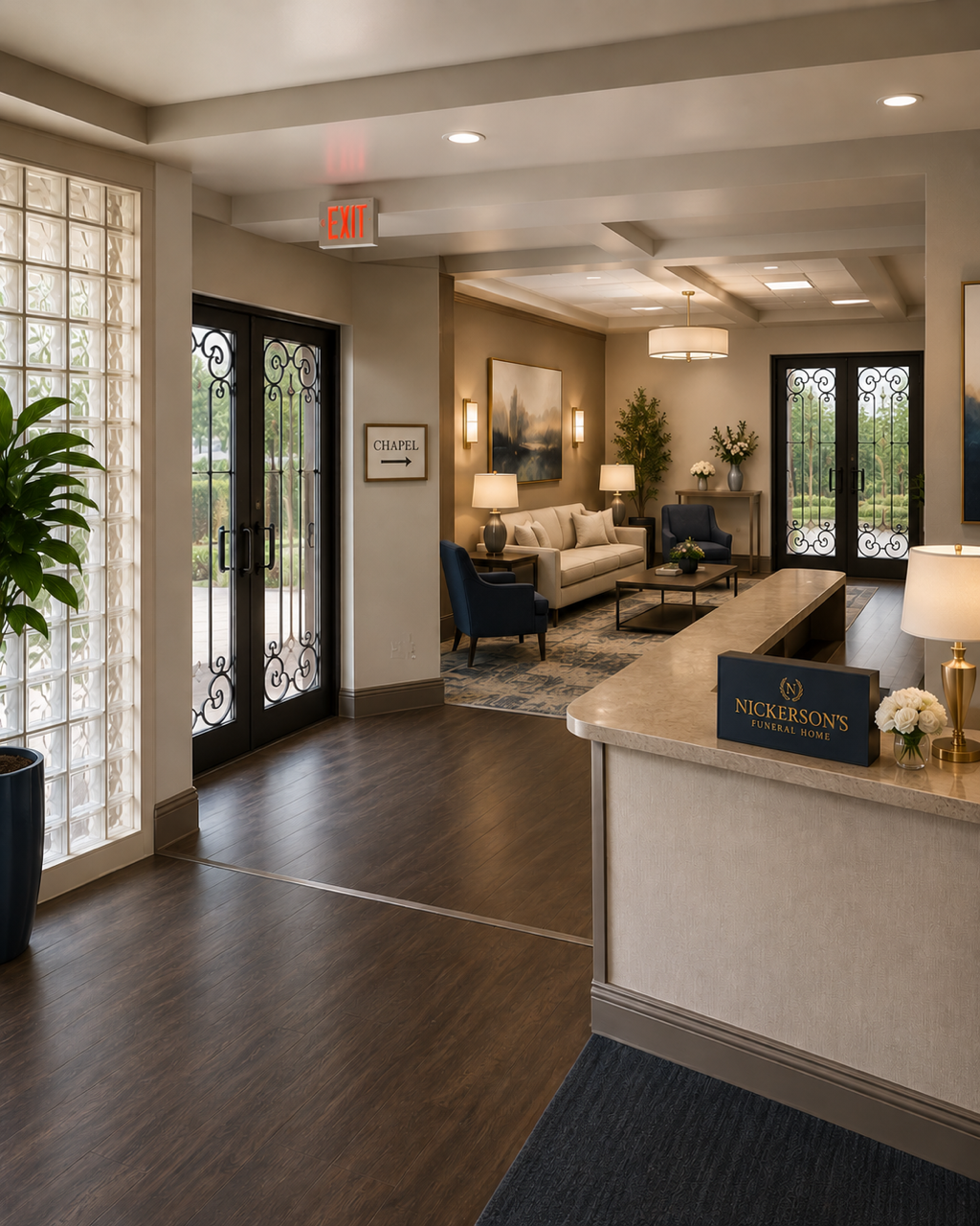 Elegant hotel lobby with dark wood floors, cream seating, potted plants, and glass doors leading outside