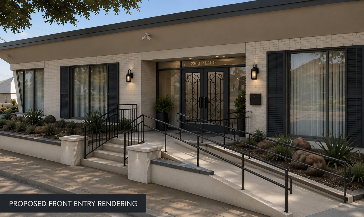 Modern building entrance with ramp, black railings, and vertical window blinds