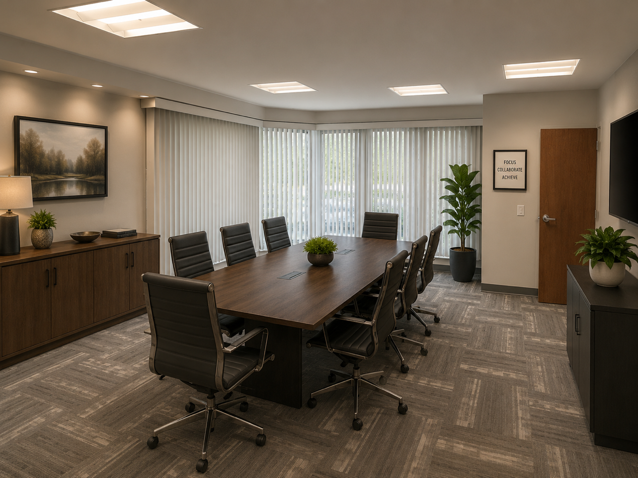 Modern conference room with a long table, black chairs, large windows, and wood cabinets