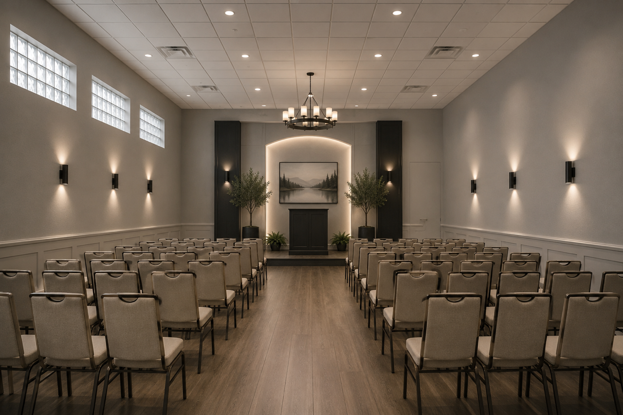 Empty banquet hall with rows of chairs, chandeliers, and a stage framed by plants