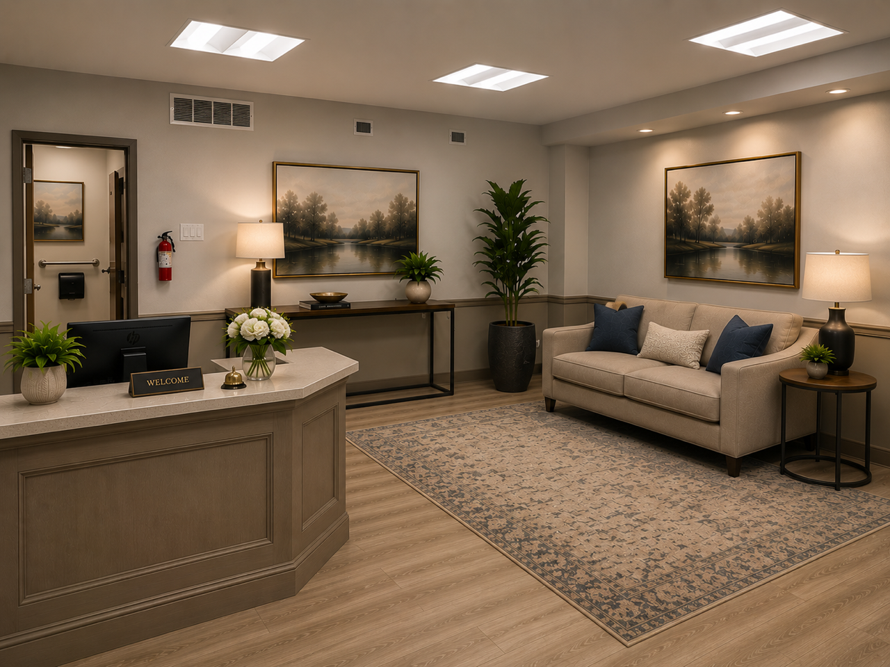 Bright reception lobby with a front desk, beige sofa, rug, plants, and framed wall art.