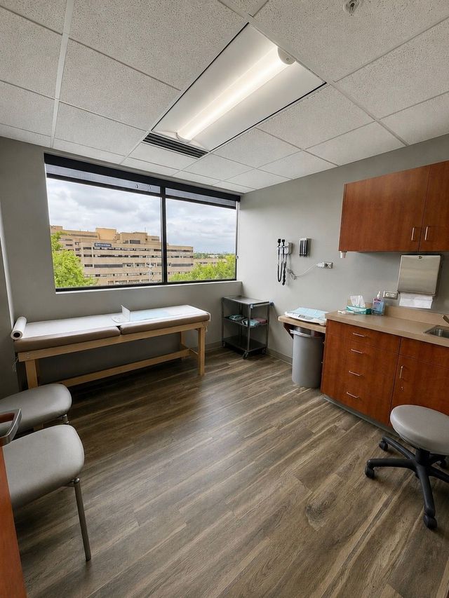 Medical exam room with window, exam table, cabinets, sink, and chair