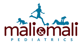 Mali & Mali Pediatrics logo with blue silhouettes of children above maroon text