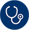 White stethoscope icon on a blue circular background