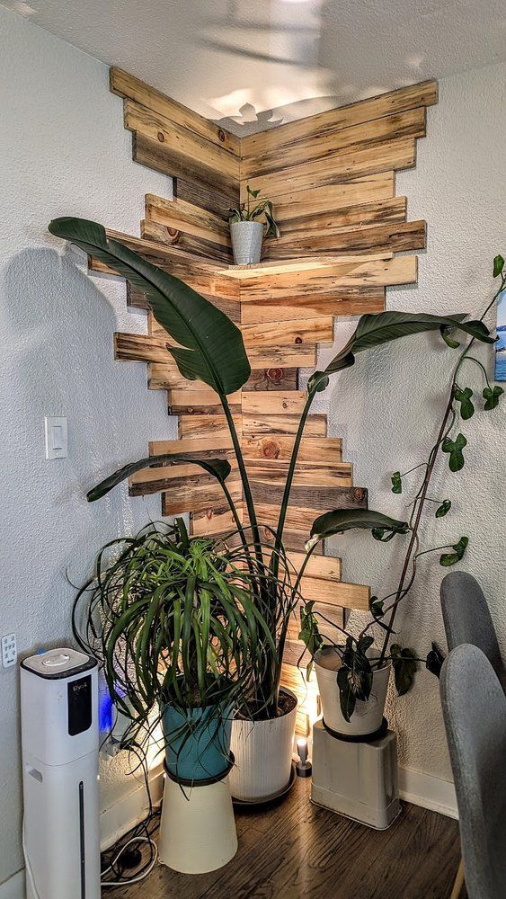 Corner wall with wooden planks, potted plants, and a humidifier.