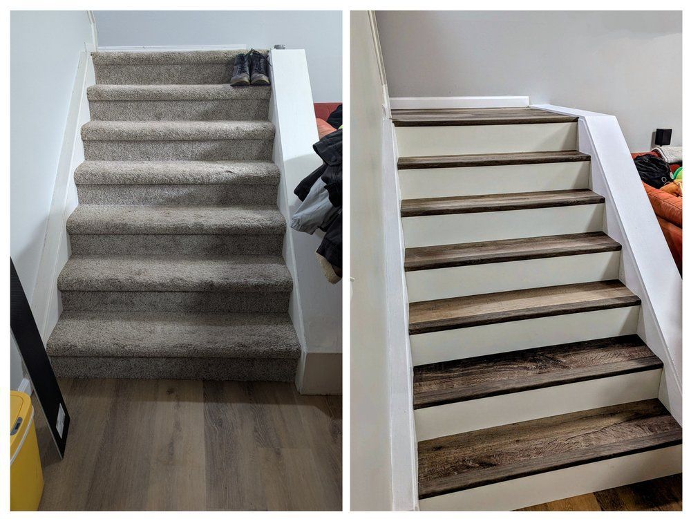 Before and after of stairs: carpeted vs. wood-look treads with white risers and trim.