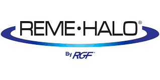 A blue and black logo for remi halo by rgf