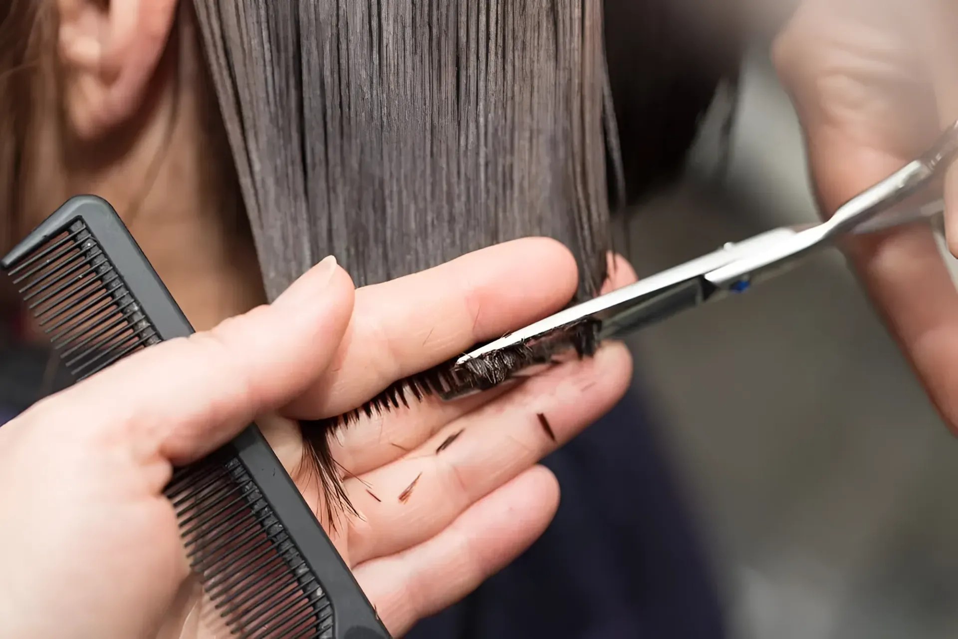 Hairdresser Trimming Dark Hair With Scissors and Comb — 5th Ave Hair Lounge in Caloundra, QLD
