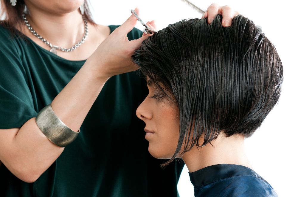 Hairdresser Cutting a Woman's Wet, Dark Bob — 5th Ave Hair Lounge in Caloundra, QLD