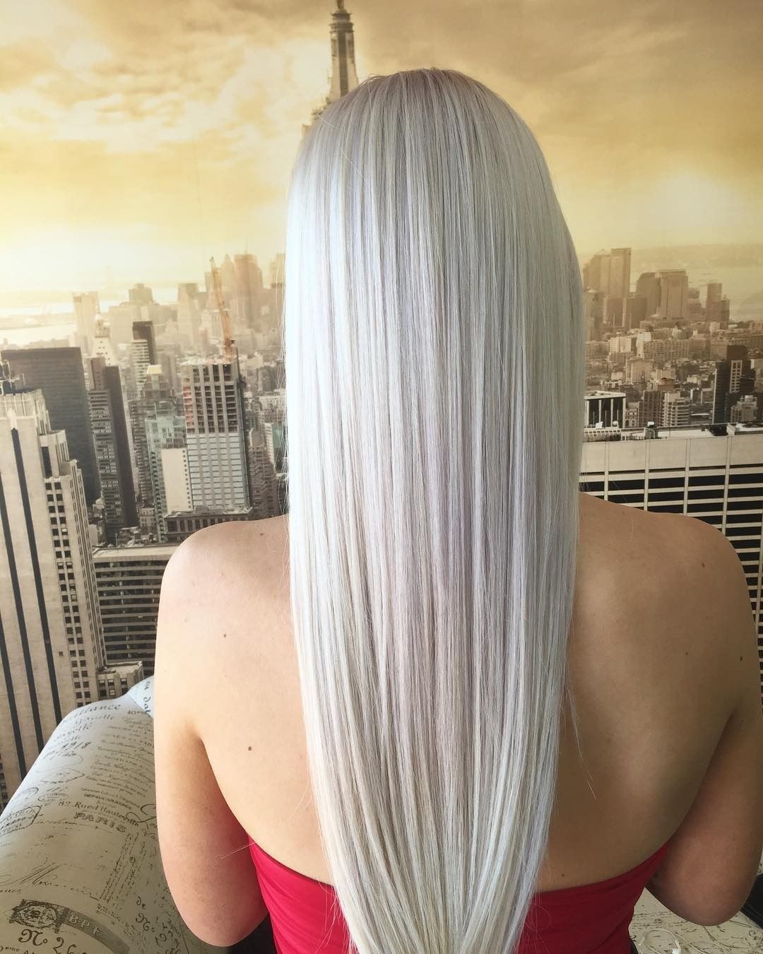 Woman wIth Long, Straight Silver Hair, Red Top — 5th Ave Hair Lounge in Caloundra, QLD
