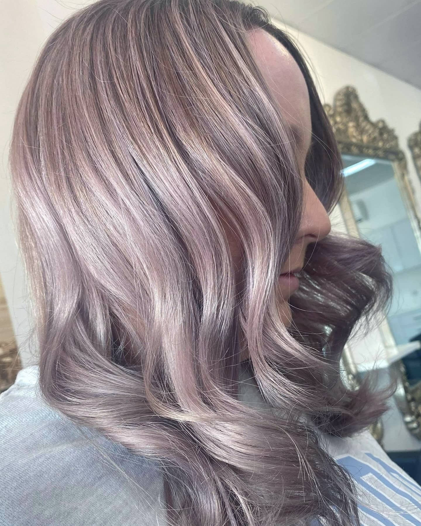 Woman With Wavy, Silvery-purple Hair. in a Salon, Profile Shot — 5th Ave Hair Lounge in Caloundra, QLD