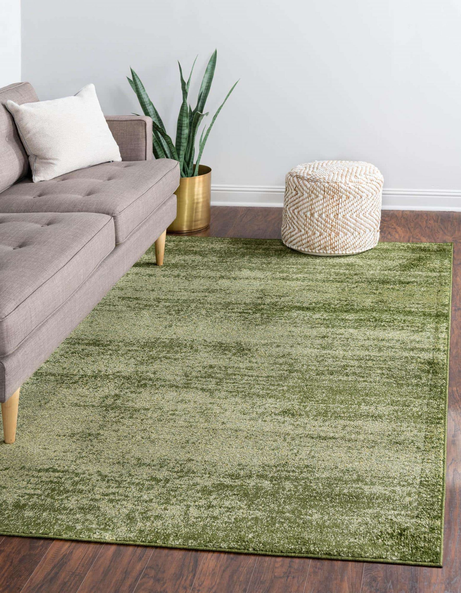 A living room with a couch and a green rug
