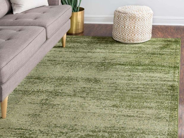 A living room with a couch , ottoman , and green rug.