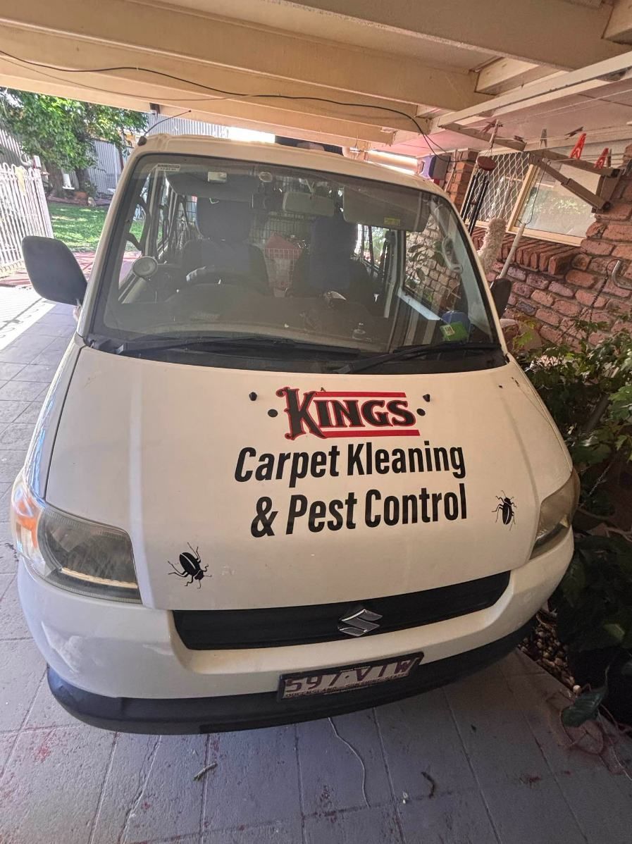 A Kings Carpet Cleaning and Pest Control Van is Parked in Front of a House — King’s John Carpet Kleaning & Pest Control Service In Currimundi, QLD