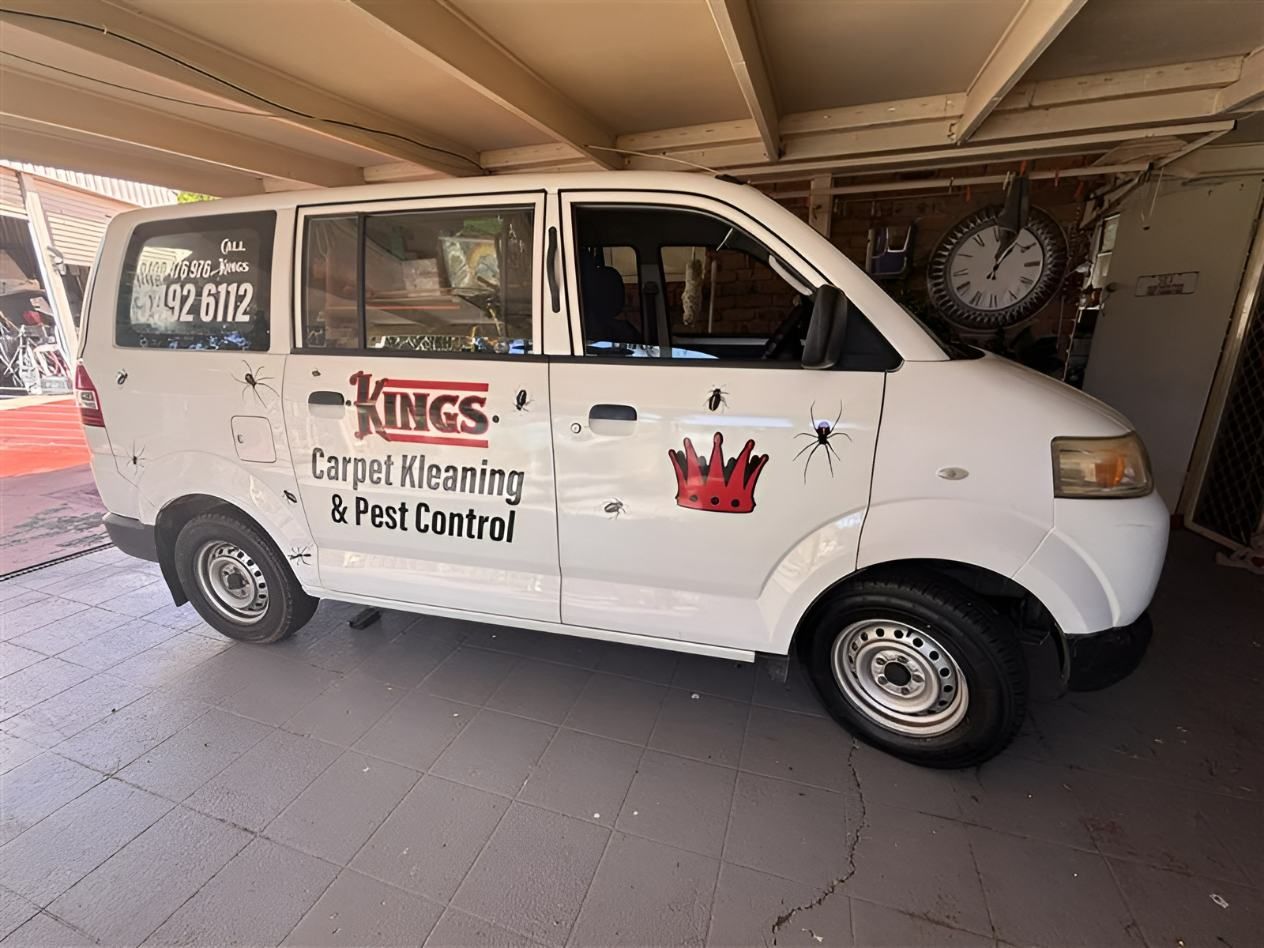A White Van With Kings Carpet Cleaning and Pest Control Written on It is Parked in a Garage — King’s John Carpet Kleaning & Pest Control Service In Currimundi, QLD