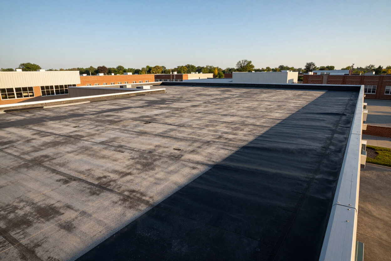 Flat commercial rooftop with dark waterproof membrane