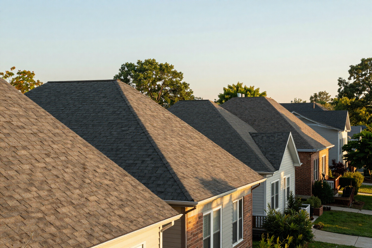 Row of suburban houses with shingle roofs