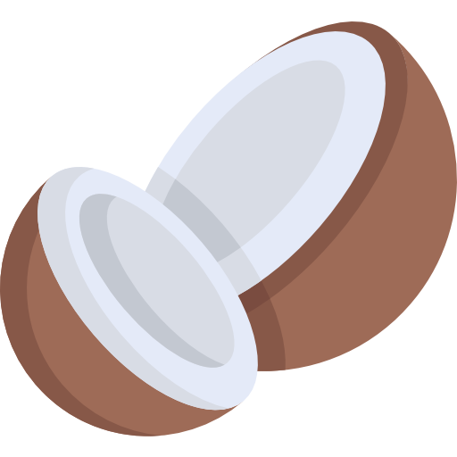 Um coco partido ao meio, com casca externa marrom e texturizada e interior liso e branco.
