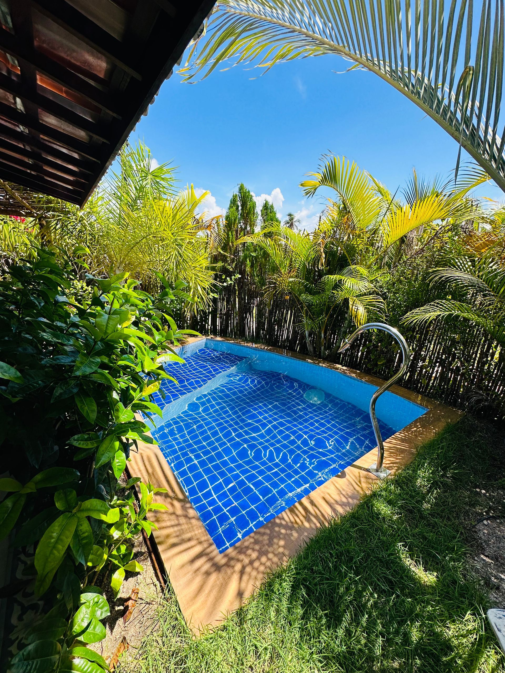 Uma vibrante piscina revestida de azulejos azuis, aninhada em um exuberante jardim verde sob um céu claro e ensolarado, emoldurada por folhagens e uma cobertura.