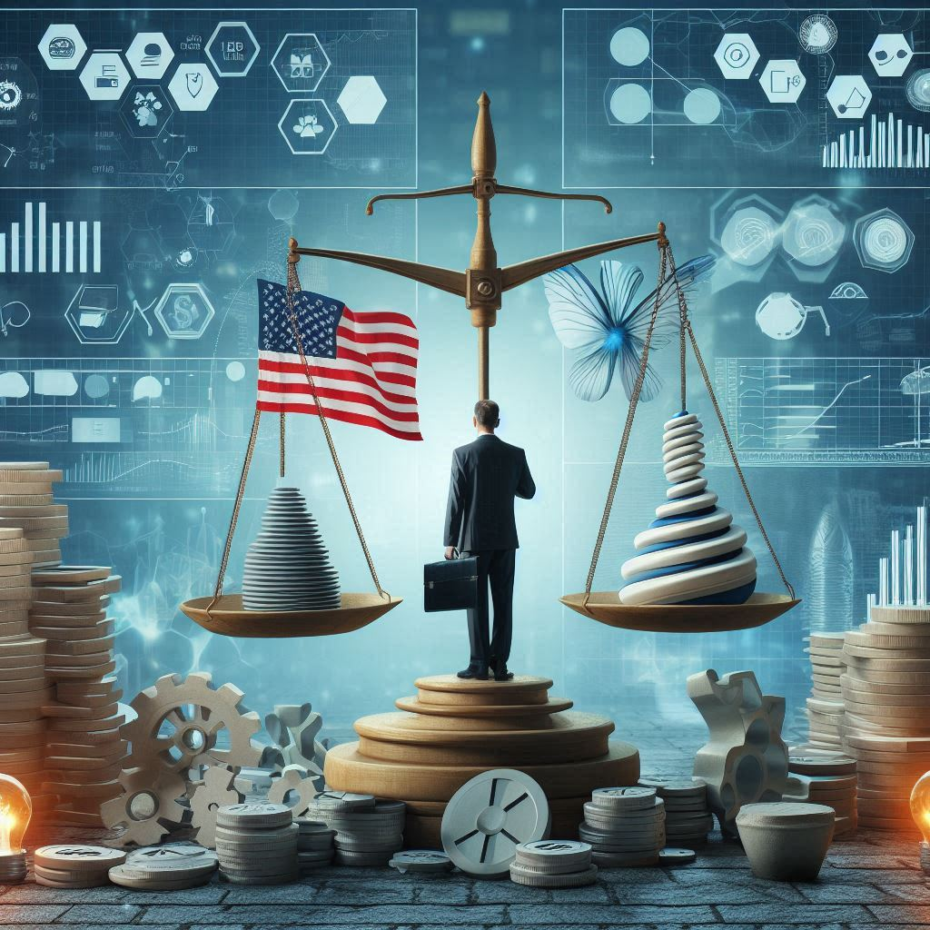 Businessman stands before scales; the left side holds US flag, the right, a lightbulb; data displayed behind.