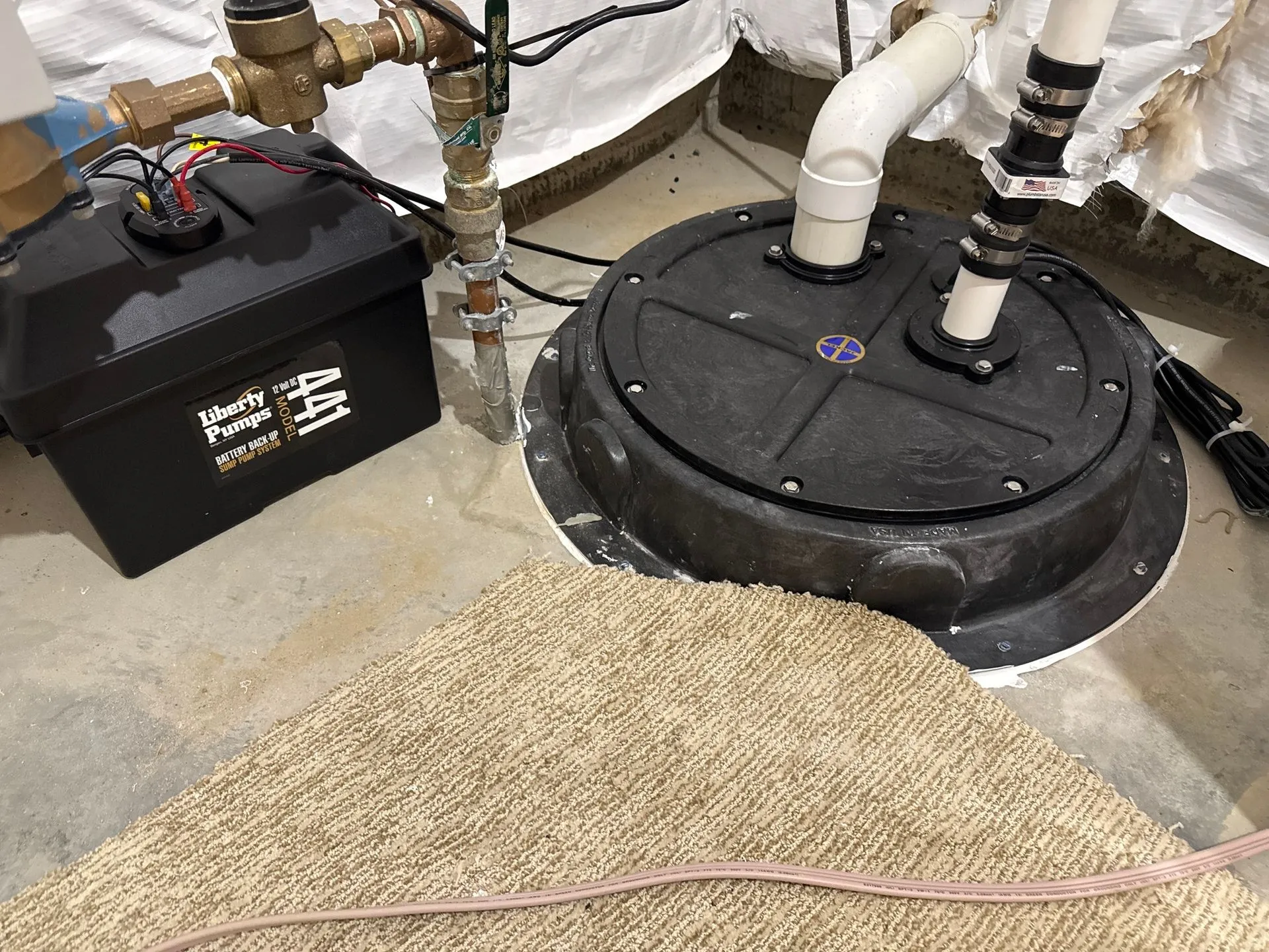 Sump pump system in a basement with a battery backup, pipes, and beige carpet.