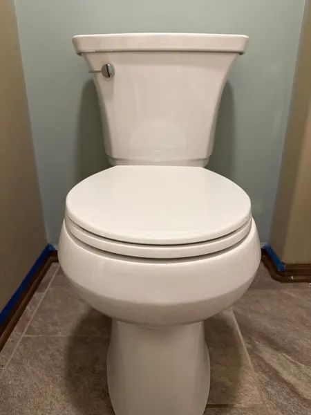 White toilet in a bathroom, with a closed lid. Blue and tan walls, tile floor.