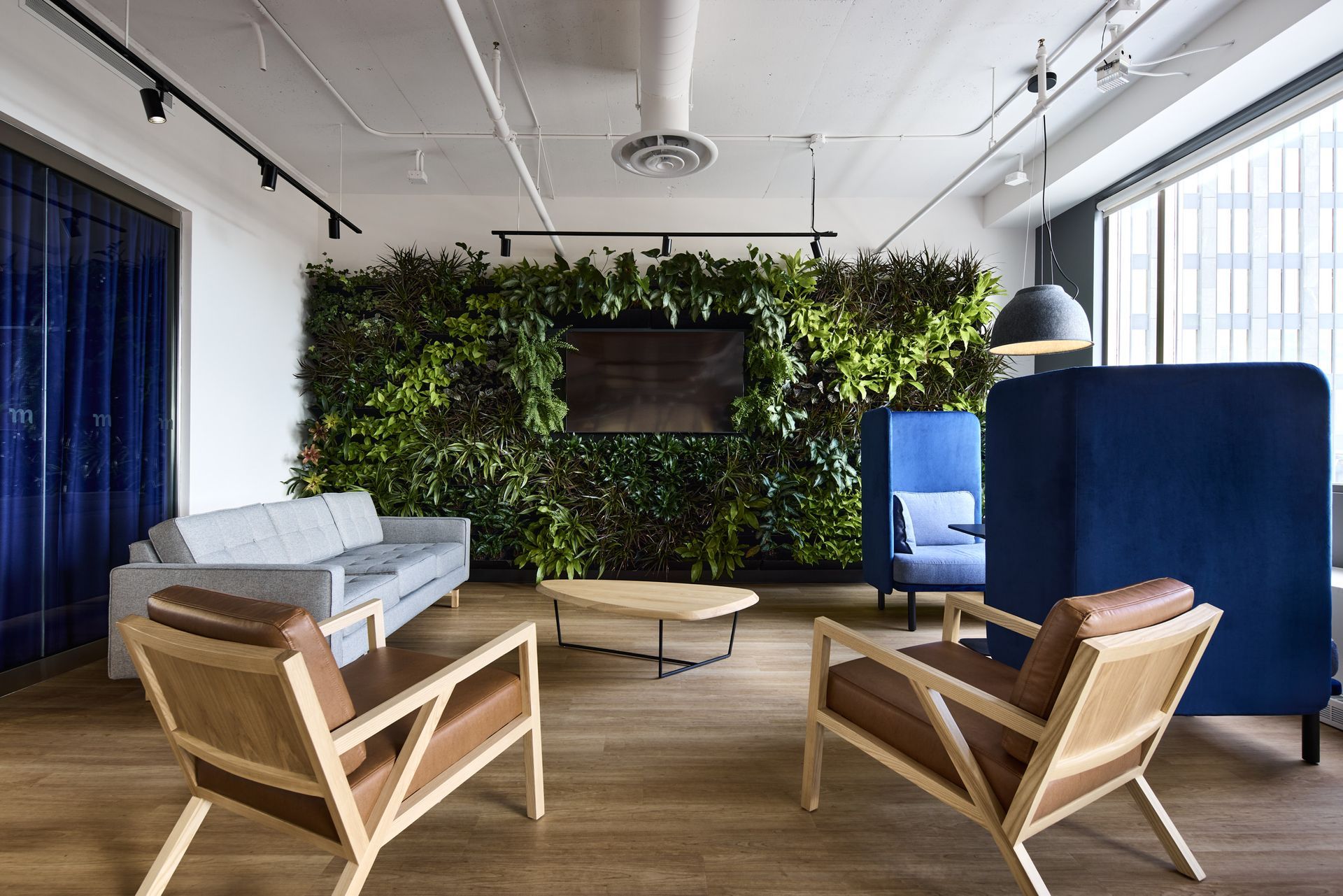 Salon de bureau moderne avec mur vert, parquet clair et touches de bleu.