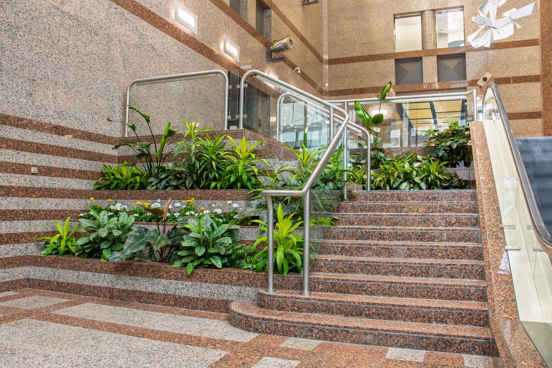 Entrée par un escalier à plusieurs niveaux avec des plantes et une rampe munie d'une main courante en métal.