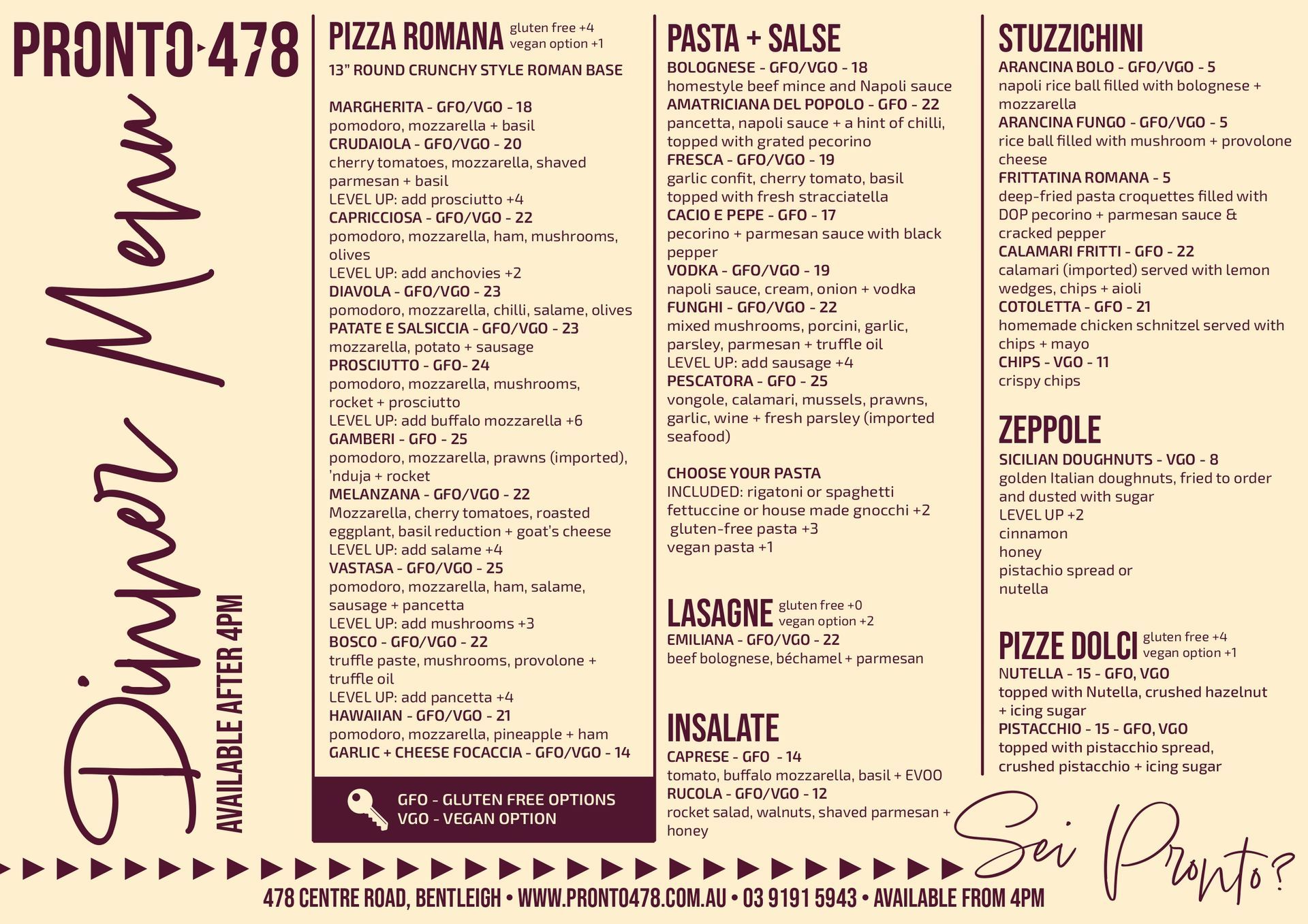 Pronto478 Dinner Menu