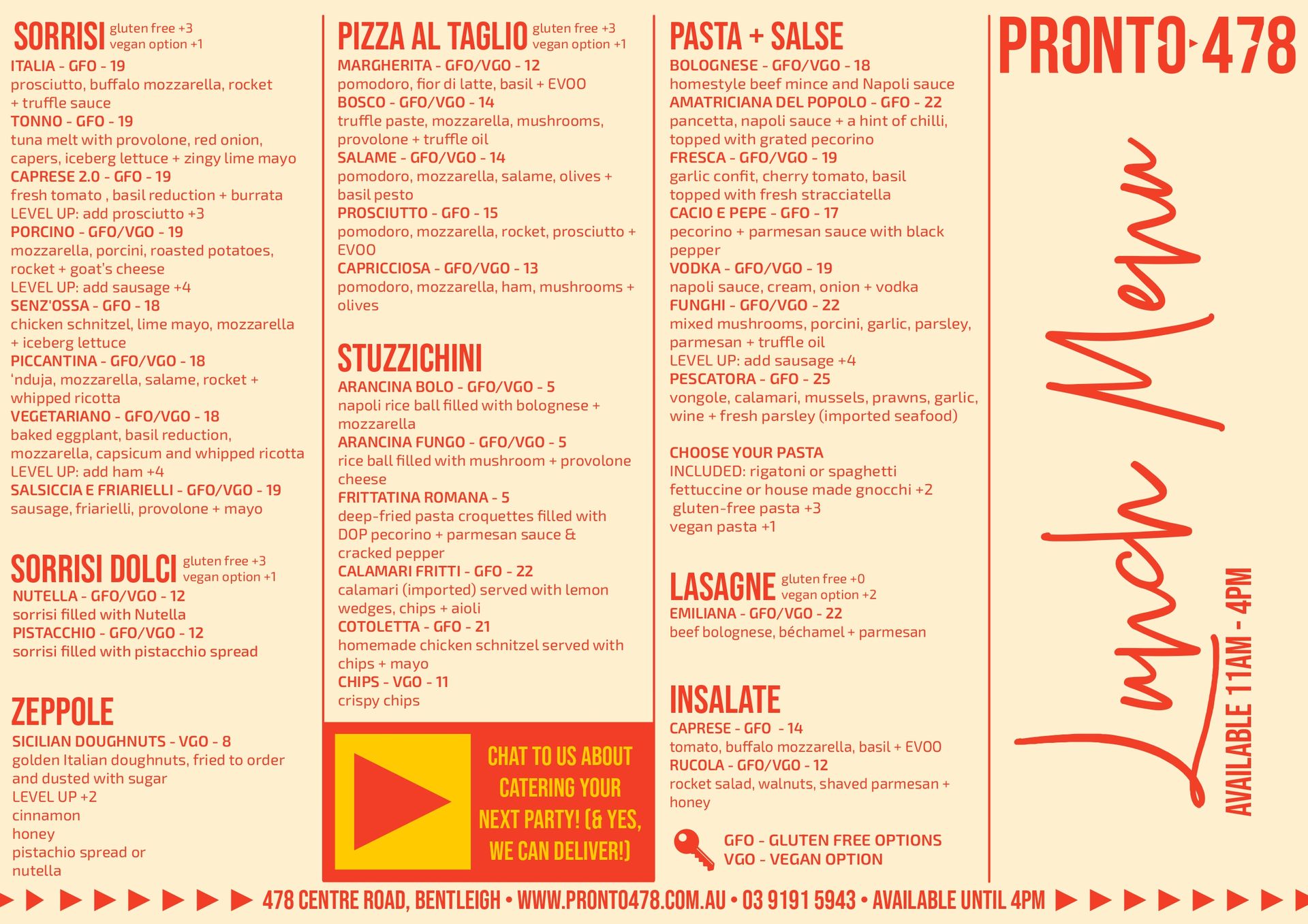 Pronto478 Lunch Menu