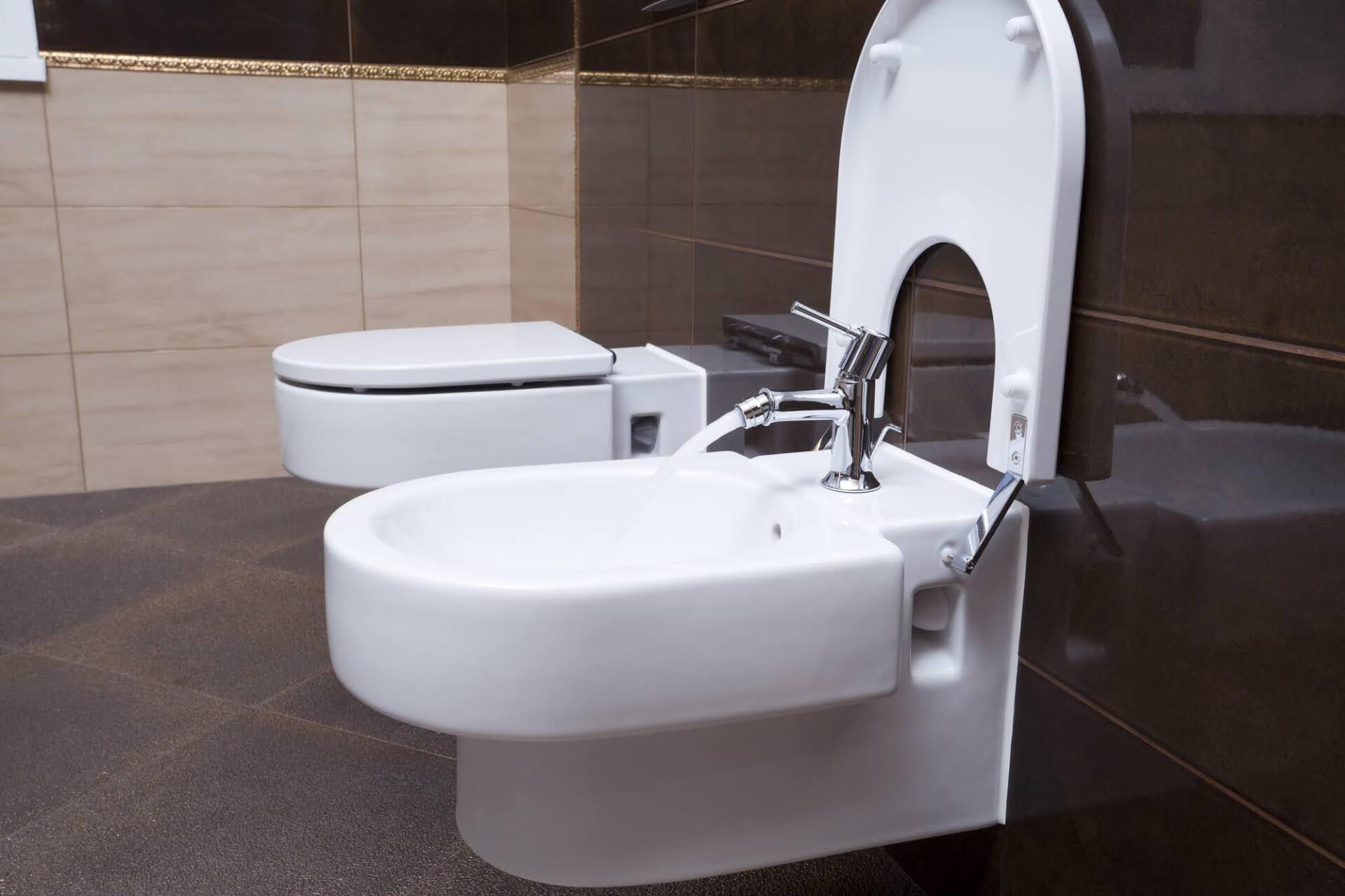 A bathroom with two toilets and a bidet