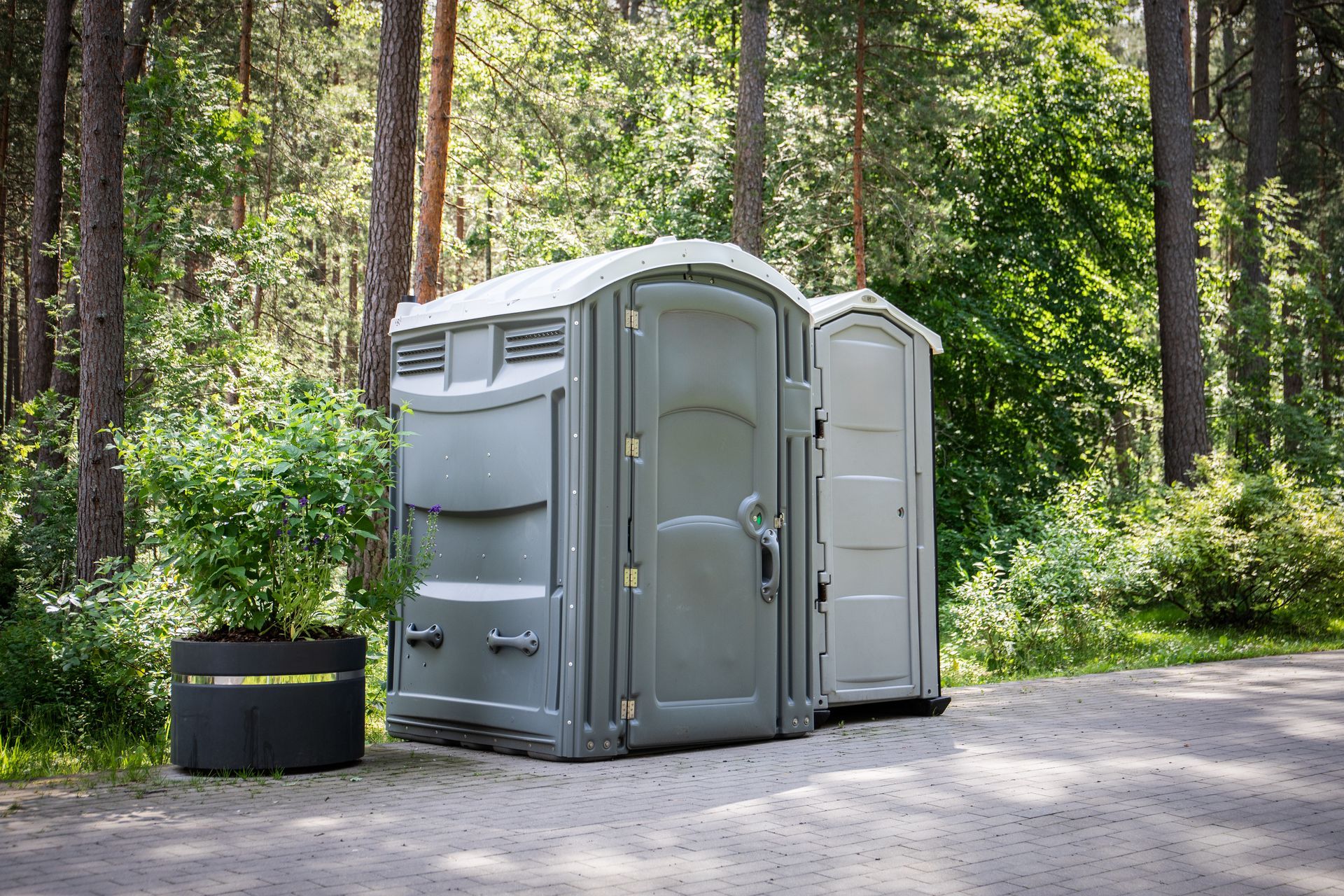 Two portable toilets beside a forest road, with a small trash bin nearby.