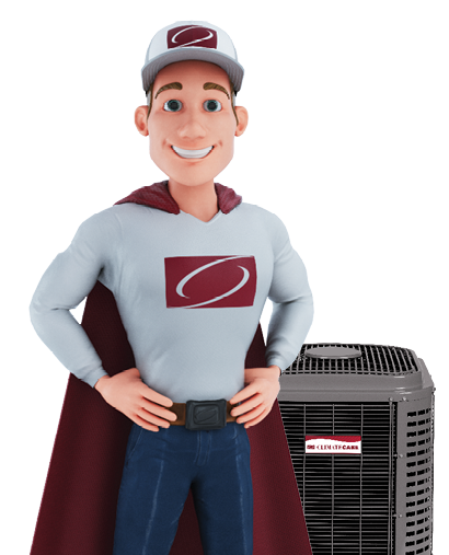 Captain Comofort graphic standing in front of air conditioning unit