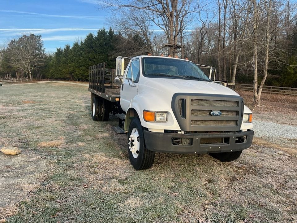 White flatbed truck parked on frosty grass with trees in the background
