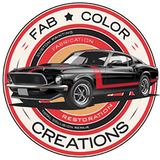 Logo for Fab Color Creations with a black classic car on a red-and-white circular emblem