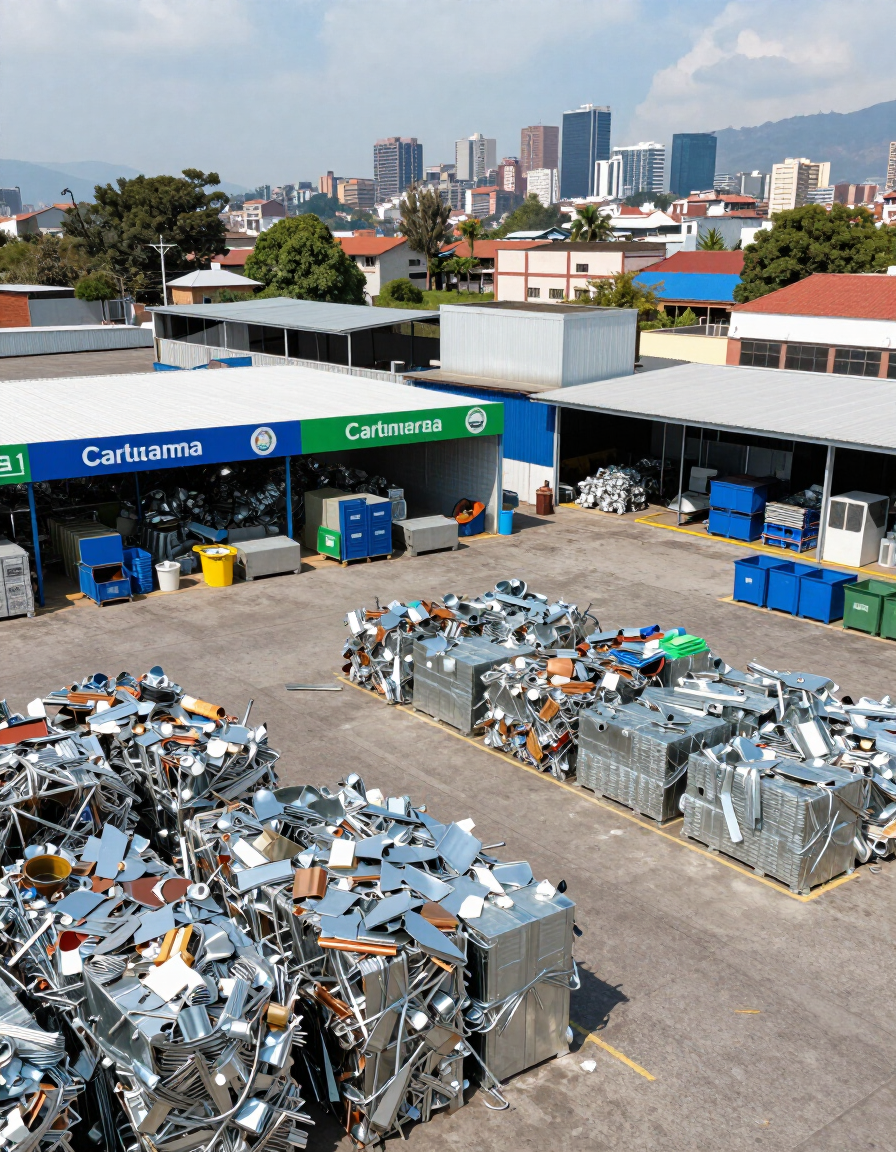 Patio industrial con montones de chatarra clasificada junto a contenedores azules de reciclaje y almacenes